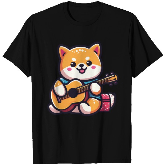 Cute Shiba Inu Playing Guitar Geek Cartoon T Shirts
