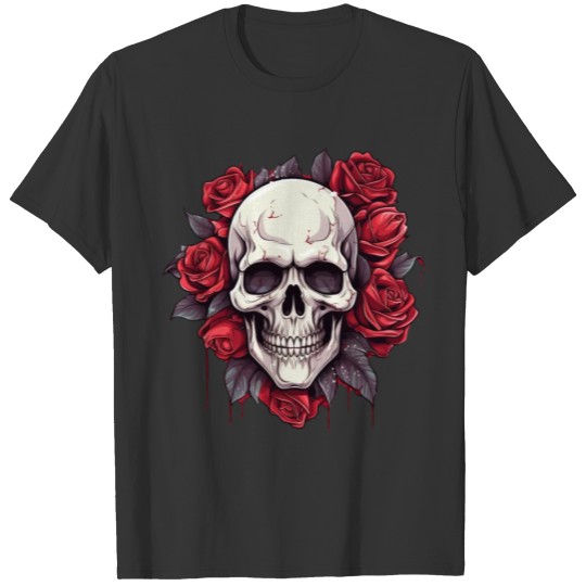 Skull and Roses Gothic Floral Art T Shirts