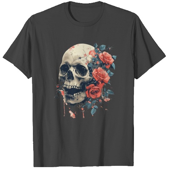 Gothic Skull and Roses Floral Graphic Art T Shirts