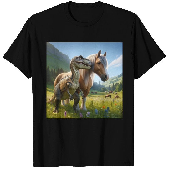 Palomino horse next to a velociraptor T Shirts