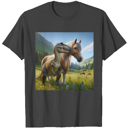 Palomino horse next to a velociraptor T Shirts