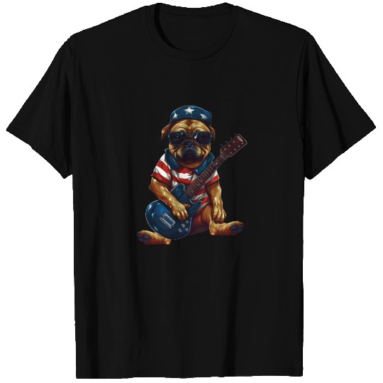 Rocking Pug Guitarist with US Flag – Animal Music T Shirts