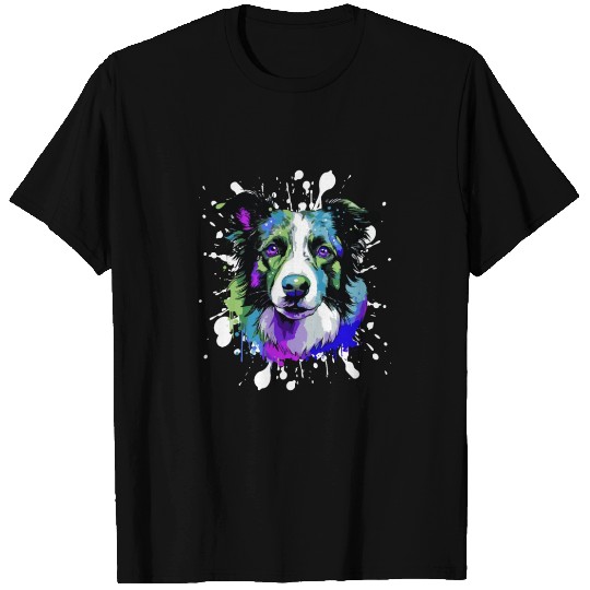 Border Collie Dog Head Portrait Colorful T Shirts