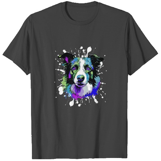 Border Collie Dog Head Portrait Colorful T Shirts