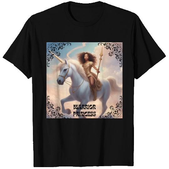 Warrior Princess Riding on a Unicorn In Clouds T Shirts