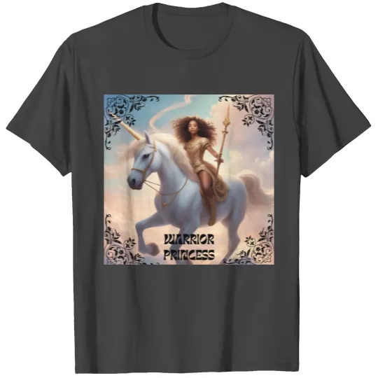 Warrior Princess Riding on a Unicorn In Clouds T Shirts