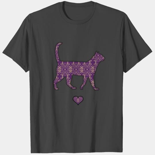 Purple Cat Damask Style Love Heart Cute Silhouette T Shirts