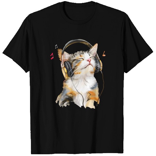 Cute cat listening to music with headphones T Shirts