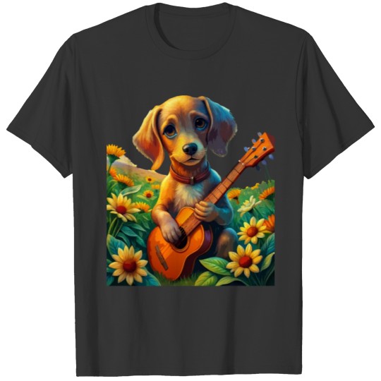 Cute dog with guitar in flower field - sweet dog. T Shirts