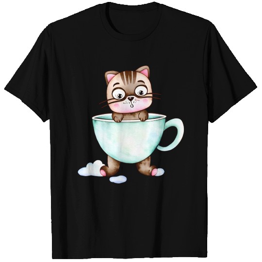 Surprised Silly Cat Wearing Coffee Cup T Shirts