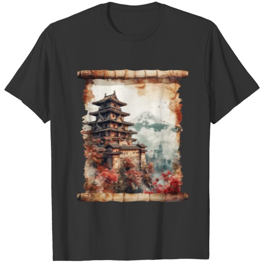 Mt. Fuji Silhouette Art Papyrus Scroll Floral T Shirts