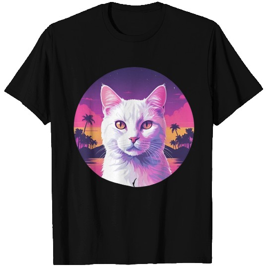Synthwave White Cat 2 T Shirts