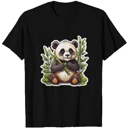 A cartoon and cute panda eating bamboo T Shirts