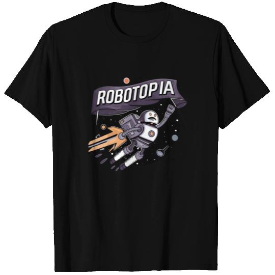 Robotopia Flag-Waving Space Jetpack Robot Art T Shirts