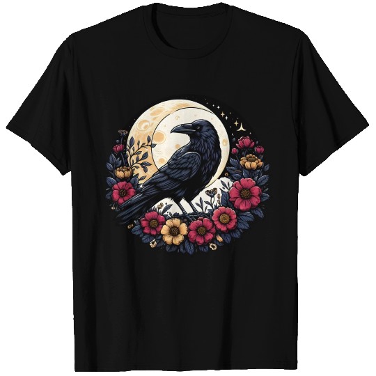 Crow Among Flowers under Full Moon T Shirts