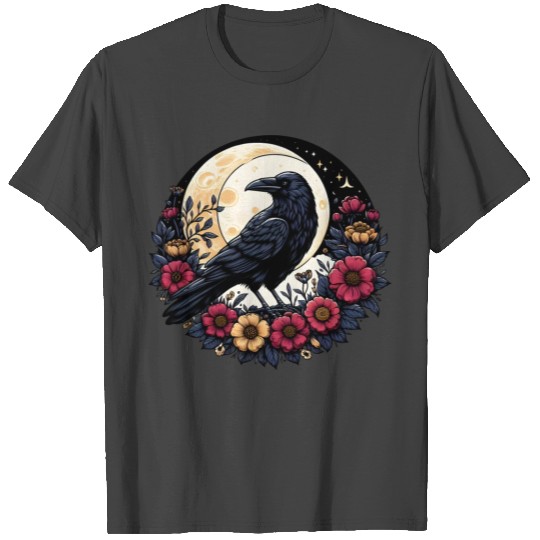 Crow Among Flowers under Full Moon T Shirts