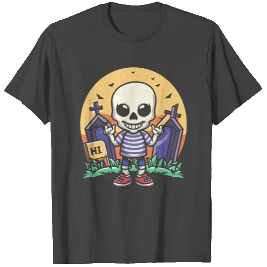Cute skeleton boy in the graveyard saying hi Me T Shirts