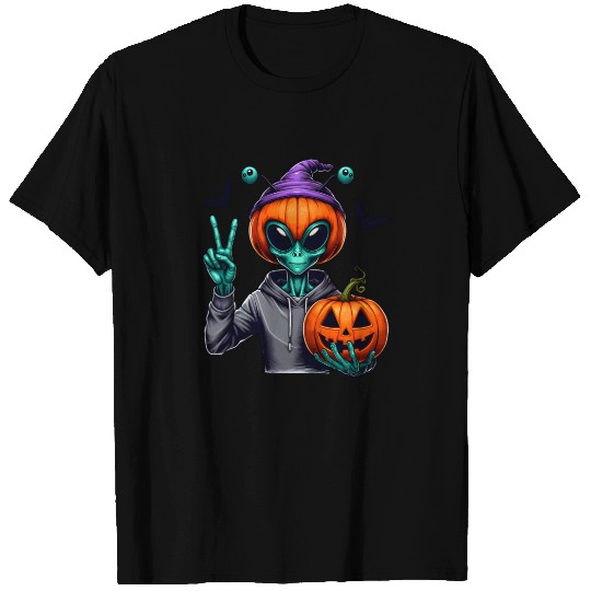 Peaceful alien with Halloween pumpkin T Shirts