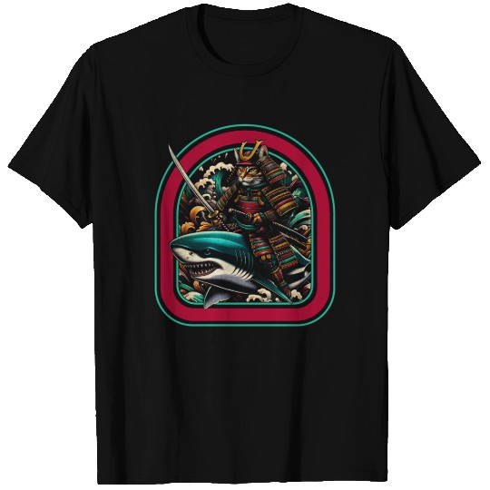 Samurai Cat Riding A Shark Japanese Retro Art T Shirts