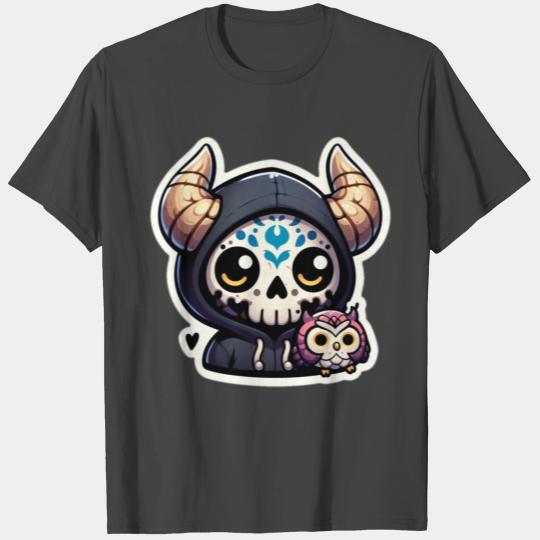 Horned Sugar Skull& Cute Owl, day of the dead owl T Shirts