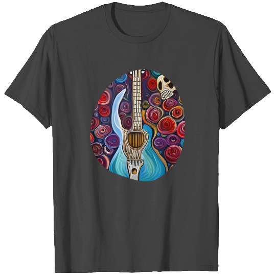 Blue Electric Guitar, Skull and Roses T Shirts