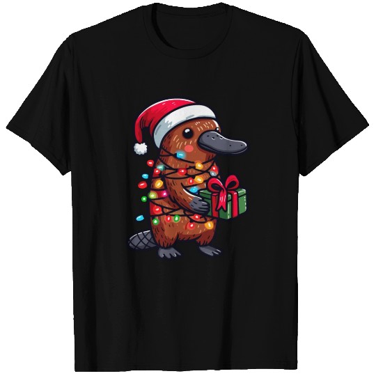 Platypus Wearing Santa Hat, Holding A Present Box T Shirts