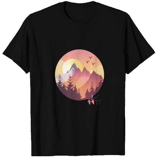 Sunset Mountain Landscape With Flying Birds T Shirts
