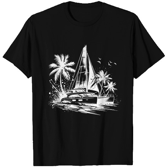 Double Hull Catamaran Sailing Boat With Palm Trees T Shirts
