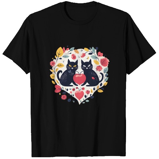 Floral Heart Black Cute Silly Cat Couples T Shirts