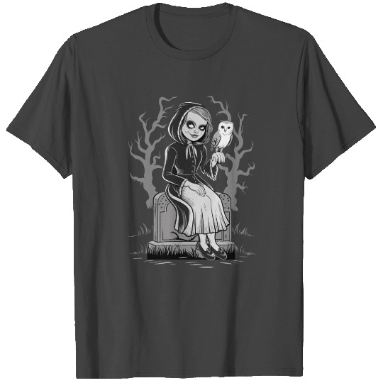 Creepy Girl On Gravestone With Owl T Shirts