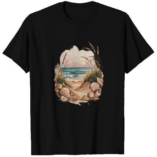 Seashell Beach Scene Serene Ocean Landscape T Shirts