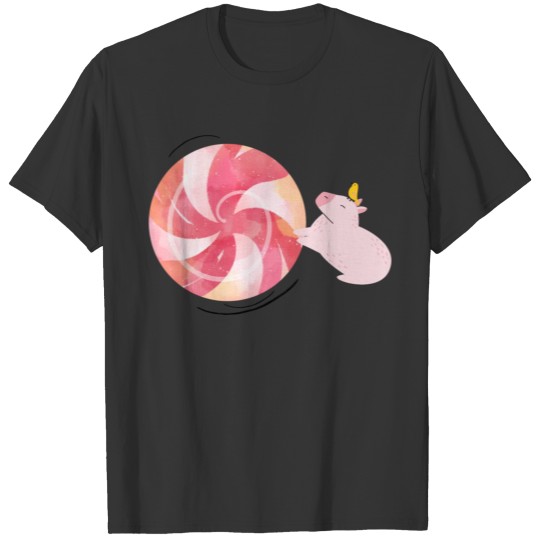 a pink capybara pushing a rolling candy T Shirts