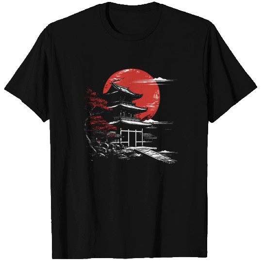 Japanese Temple Red Moon Birds Flying Aesthetic T Shirts