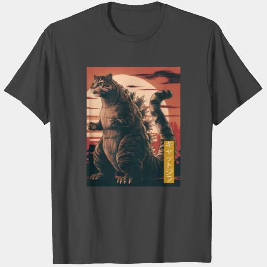 Funny Cute Cat Art Japanese Sunset Retro Catzilla T Shirts