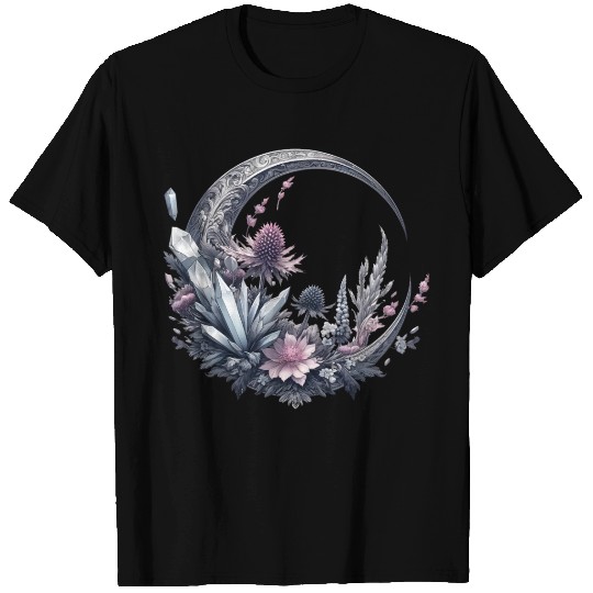 Crescent moon in silver, with crystals and flowers T Shirts