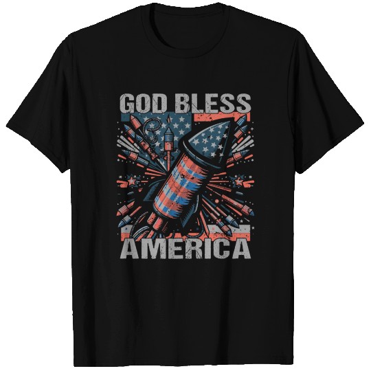 God Bless America Retro US Flag Funny Fireworks T Shirts