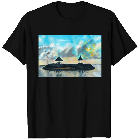 Peaceful sunset on beach scene with acrylic T Shirts