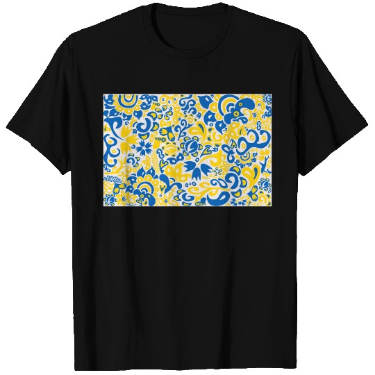 Ukrainian flag colors on floral folklore pattern T Shirts