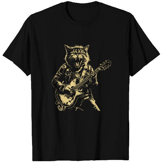 Meow Cat Playing Guitar Instruments Cartoon T Shirts