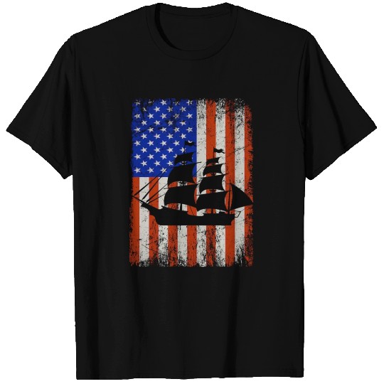 Black silhouette of pirate boat American flag T Shirts