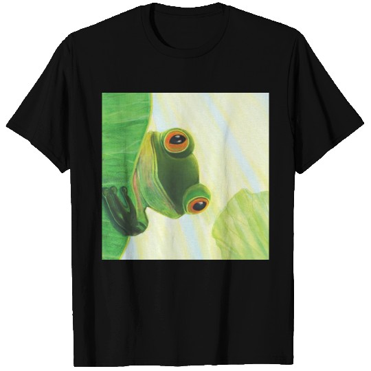Cute Green Frog Peeping out From Behind Lily Pad T Shirts
