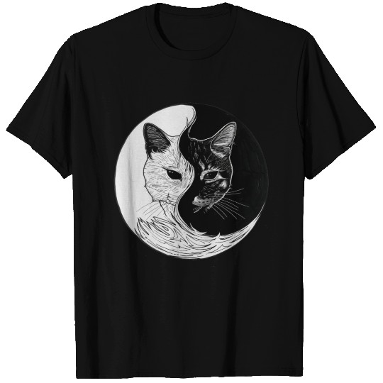 A black and white drawing of a cat in a circle T Shirts