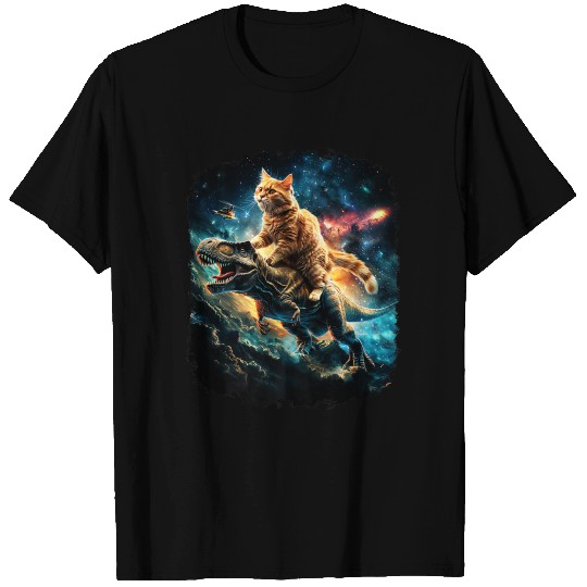 Cat Riding Dinosaur Rex Premium T Shirts
