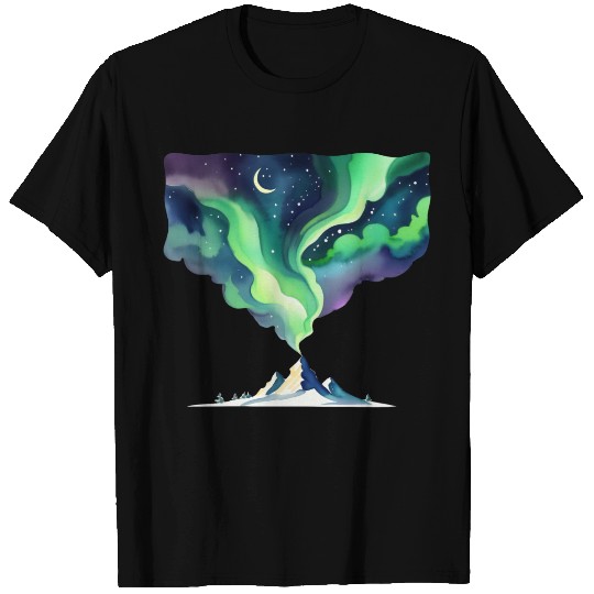 Watercolor Northern Lights Over Mountain T Shirts