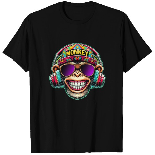 Cool DJ Monkey Headphones Colorful Retro Style T Shirts