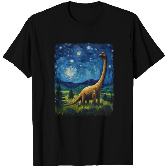 Brontosaurus Dinosaur Starry Night Painting T Shirts