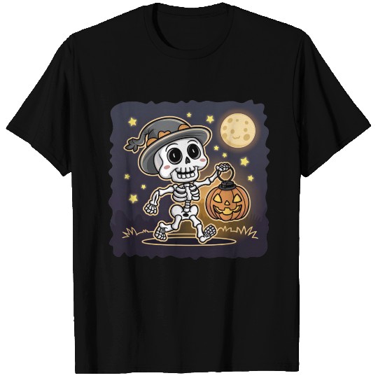 Cute skeleton with pumpkin lantern Halloween T Shirts