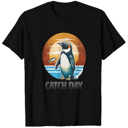 Cheerful Penguin Catch Day A Large Fish Sunset T Shirts