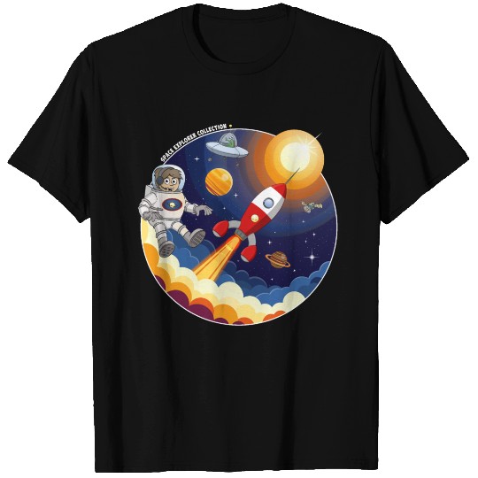 rocket, astronaut, UFO, and satellite in space T Shirts