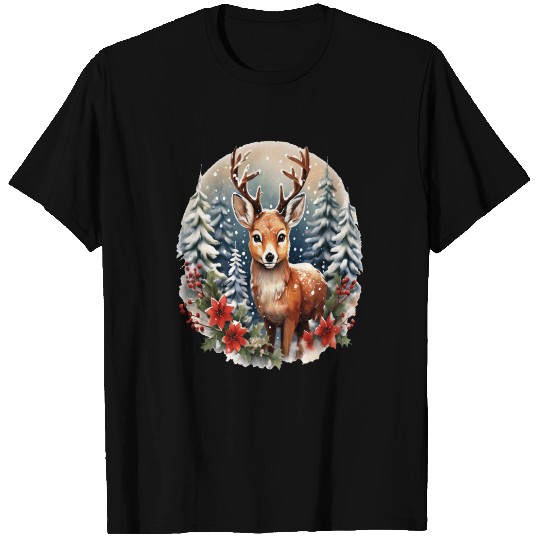 Christmas Deer with Poinsettia and Snow T Shirts